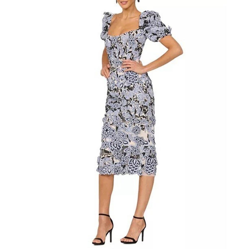 HELSI Lucia Puffy Sleeve Floral Midi Dress XS $695 NWT Black White